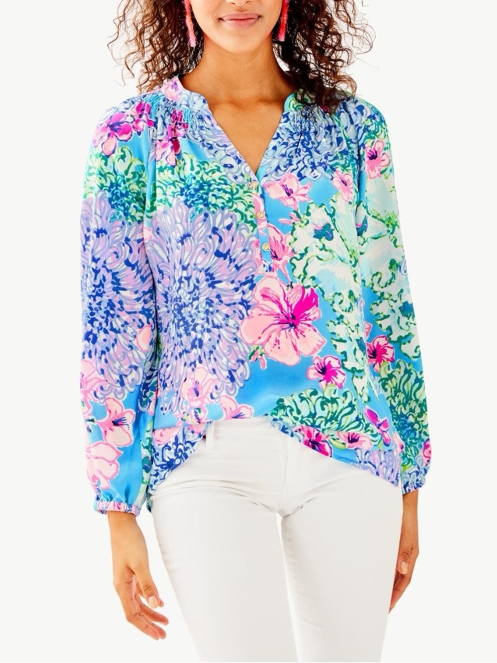 Lilly Pulitzer 100% silk Elsa top Special Delivery floral long sleeve size XL